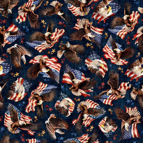 Image of 1776 American Eagle & Flag Toss Dark Navy quilting cotton fabric by Morris Creative Group for QT Fabrics. Features eagles on a blue background. Cute Little Fabric Shop