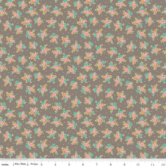 Image of Farmer's Daughter Bouquet Rustic quilting cotton fabric by Lori Holt for Riley Blake Designs. Features flowers on a gray background. Cute Little Fabric Shop