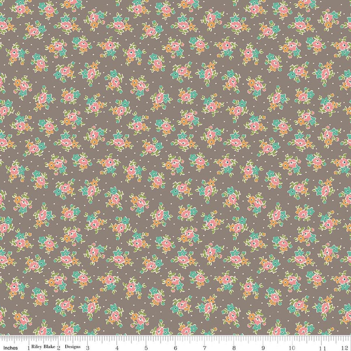 Image of Farmer's Daughter Bouquet Rustic quilting cotton fabric by Lori Holt for Riley Blake Designs. Features flowers on a gray background. Cute Little Fabric Shop