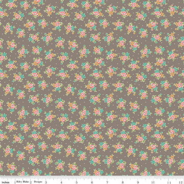 Image of Farmer's Daughter Bouquet Rustic quilting cotton fabric by Lori Holt for Riley Blake Designs. Features flowers on a gray background. Cute Little Fabric Shop