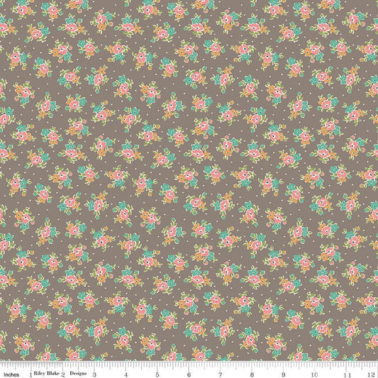 Image of Farmer's Daughter Bouquet Rustic quilting cotton fabric by Lori Holt for Riley Blake Designs. Features flowers on a gray background. Cute Little Fabric Shop