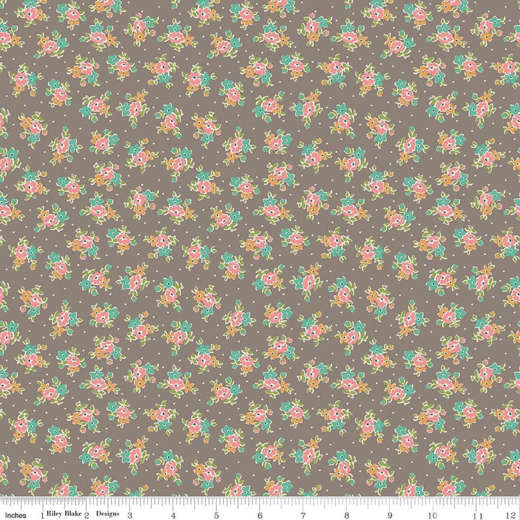 Image of Farmer's Daughter Bouquet Rustic quilting cotton fabric by Lori Holt for Riley Blake Designs. Features flowers on a gray background. Cute Little Fabric Shop