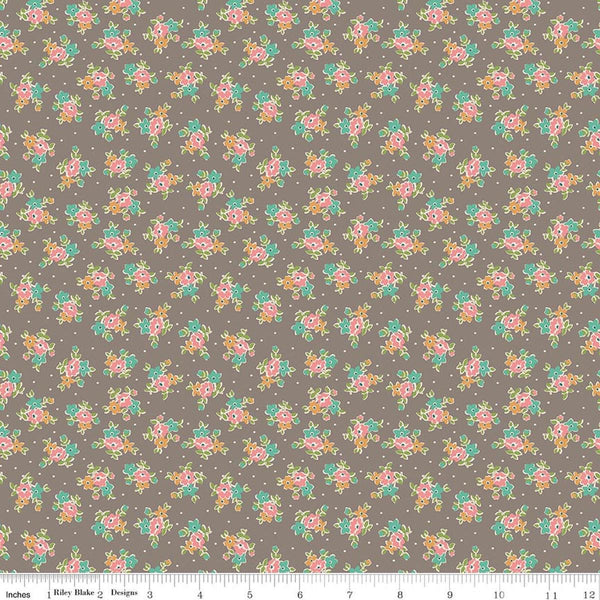 Image of Farmer's Daughter Bouquet Rustic quilting cotton fabric by Lori Holt for Riley Blake Designs. Features flowers on a gray background. Cute Little Fabric Shop