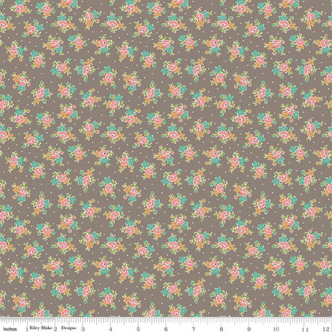 Image of Farmer's Daughter Bouquet Rustic quilting cotton fabric by Lori Holt for Riley Blake Designs. Features flowers on a gray background. Cute Little Fabric Shop