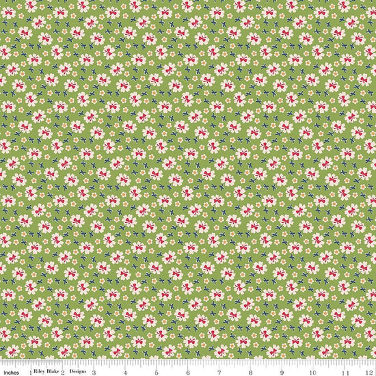 Image of Farmer's Daughter Bows Thyme quilting cotton fabric by Lori Holt for Riley Blake Designs. Features flowers on a green background. Cute Little Fabric Shop