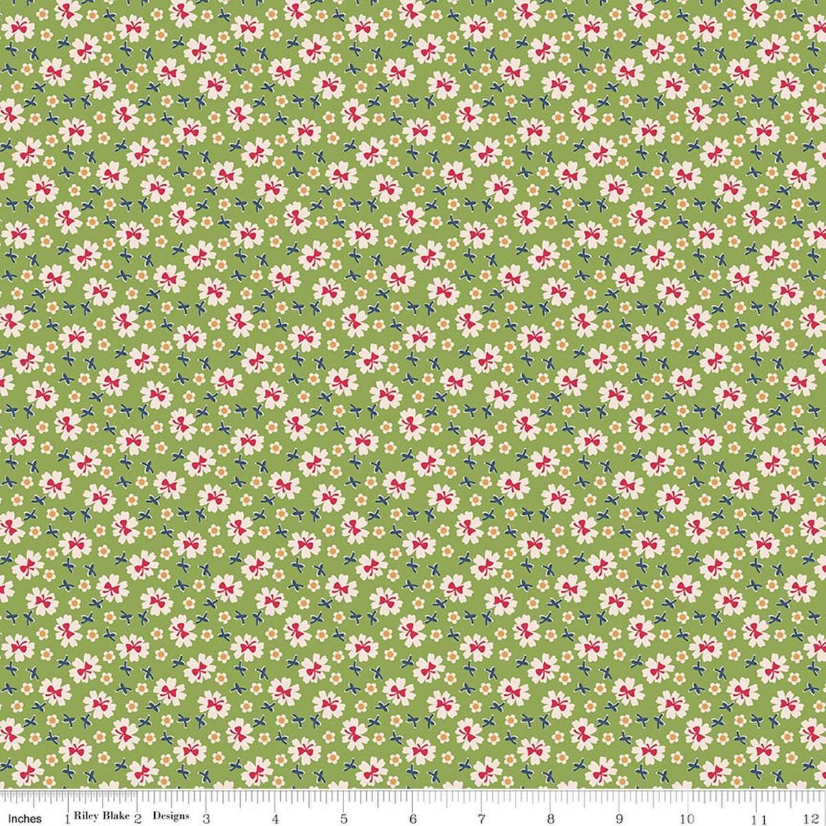 Image of Farmer's Daughter Bows Thyme quilting cotton fabric by Lori Holt for Riley Blake Designs. Features flowers on a green background. Cute Little Fabric Shop
