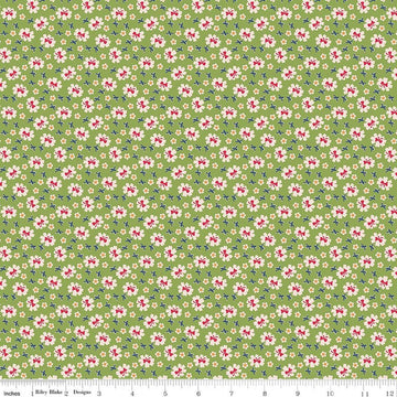 Image of Farmer's Daughter Bows Thyme quilting cotton fabric by Lori Holt for Riley Blake Designs. Features flowers on a green background. Cute Little Fabric Shop