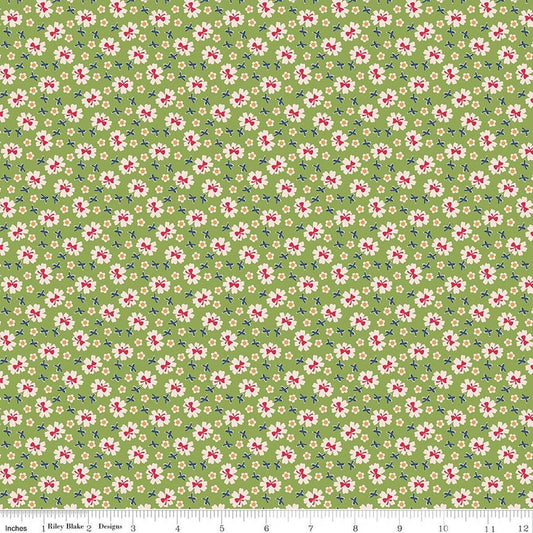 Image of Farmer's Daughter Bows Thyme quilting cotton fabric by Lori Holt for Riley Blake Designs. Features flowers on a green background. Cute Little Fabric Shop