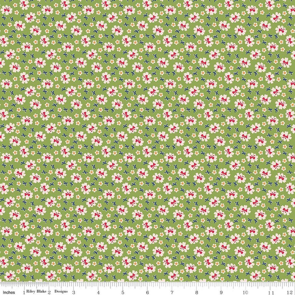 Image of Farmer's Daughter Bows Thyme quilting cotton fabric by Lori Holt for Riley Blake Designs. Features flowers on a green background. Cute Little Fabric Shop