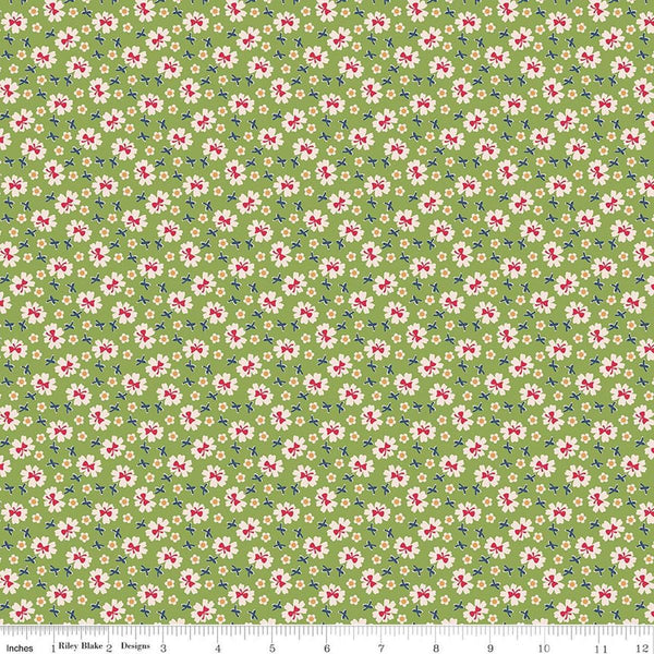 Image of Farmer's Daughter Bows Thyme quilting cotton fabric by Lori Holt for Riley Blake Designs. Features flowers on a green background. Cute Little Fabric Shop
