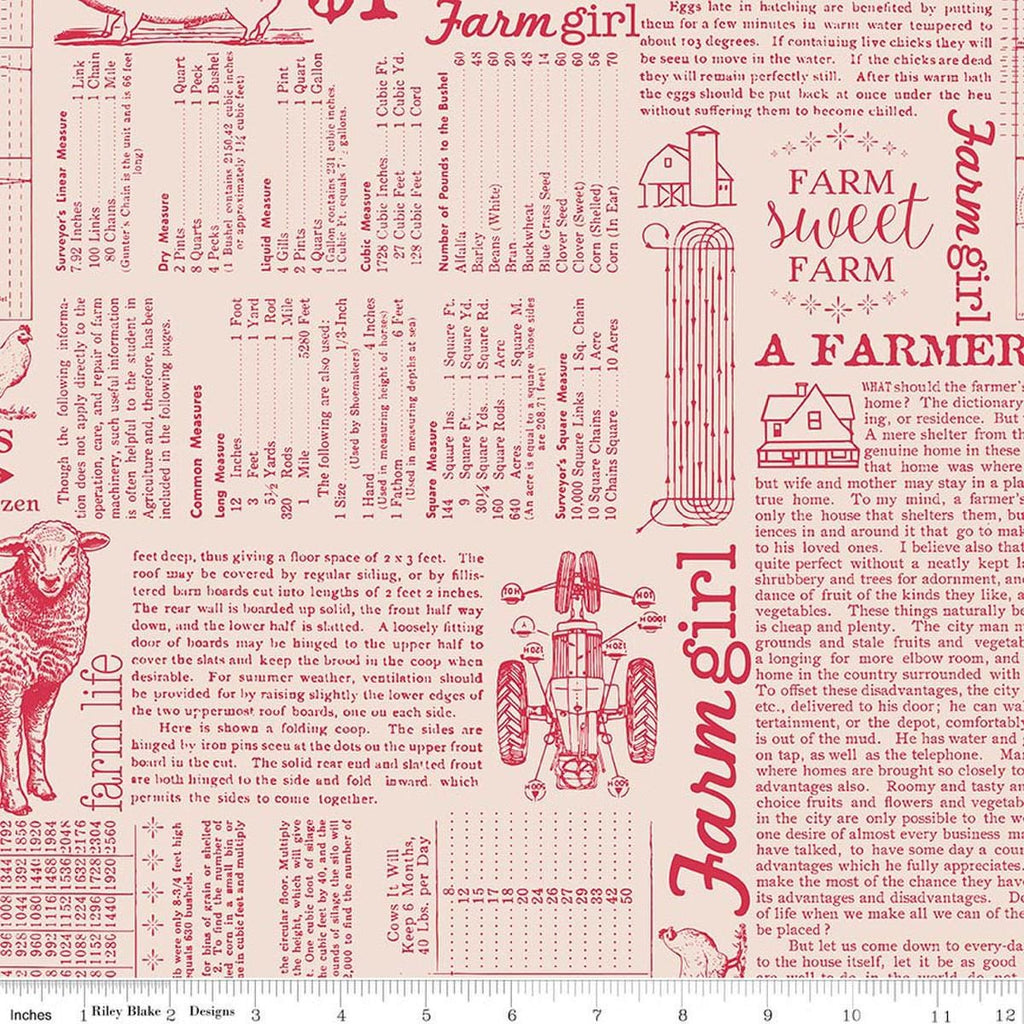 Image of Farmer's Daughter Farm Life Background Tea Rose quilting cotton fabric by Lori Holt for Riley Blake Designs. Features text on a cream background. Cute Little Fabric Shop