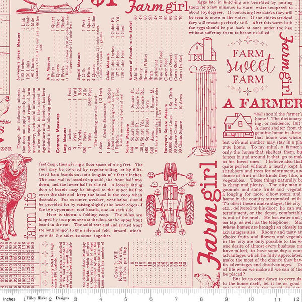 Image of Farmer's Daughter Farm Life Background Tea Rose quilting cotton fabric by Lori Holt for Riley Blake Designs. Features text on a cream background. Cute Little Fabric Shop