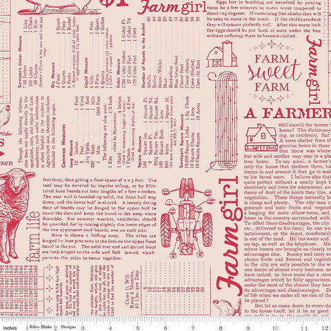 Image of Farmer's Daughter Farm Life Background Tea Rose quilting cotton fabric by Lori Holt for Riley Blake Designs. Features text on a cream background. Cute Little Fabric Shop