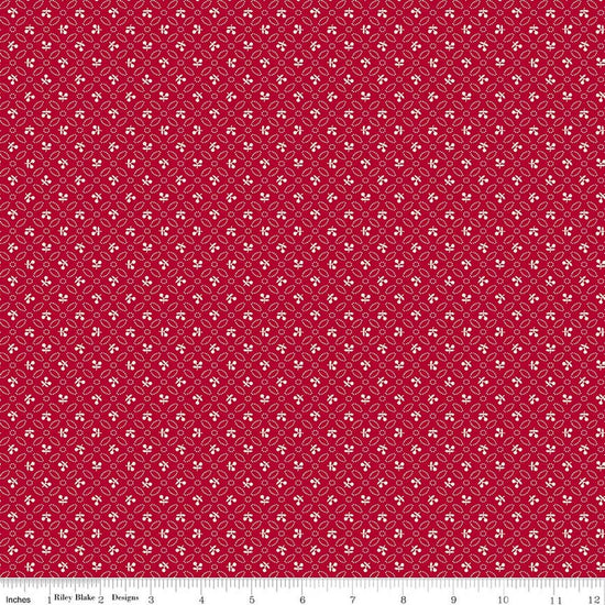 Image of Farmer's Daughter Cherries Jazzberry quilting cotton fabric by Lori Holt for Riley Blake Designs. Features geometric on a red background. Cute Little Fabric Shop