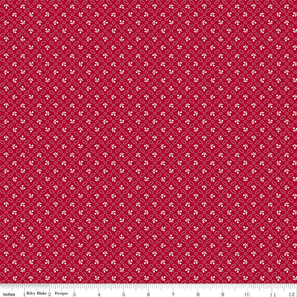 Image of Farmer's Daughter Cherries Jazzberry quilting cotton fabric by Lori Holt for Riley Blake Designs. Features geometric on a red background. Cute Little Fabric Shop