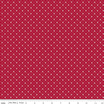 Image of Farmer's Daughter Cherries Jazzberry quilting cotton fabric by Lori Holt for Riley Blake Designs. Features geometric on a red background. Cute Little Fabric Shop