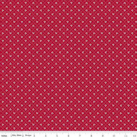 Image of Farmer's Daughter Cherries Jazzberry quilting cotton fabric by Lori Holt for Riley Blake Designs. Features geometric on a red background. Cute Little Fabric Shop