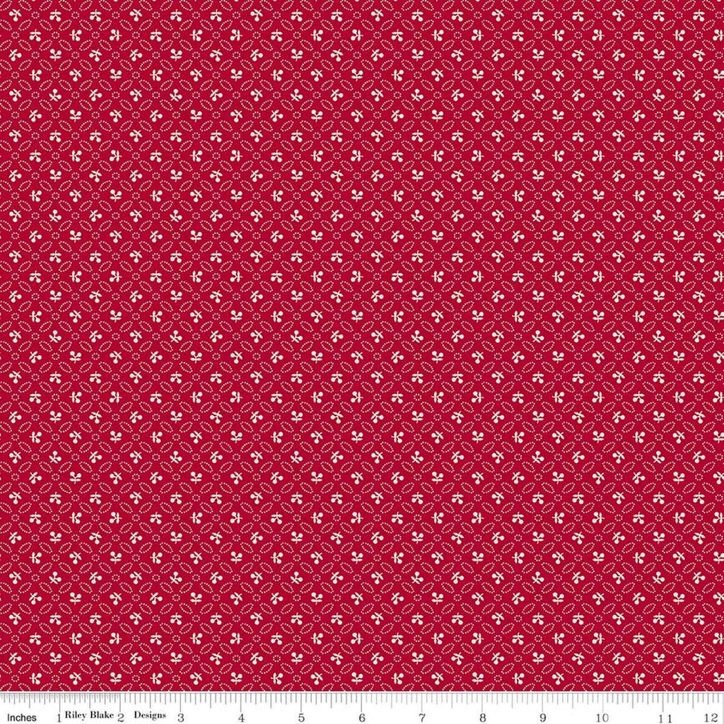 Image of Farmer's Daughter Cherries Jazzberry quilting cotton fabric by Lori Holt for Riley Blake Designs. Features geometric on a red background. Cute Little Fabric Shop