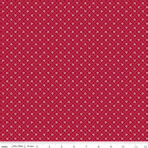 Image of Farmer's Daughter Cherries Jazzberry quilting cotton fabric by Lori Holt for Riley Blake Designs. Features geometric on a red background. Cute Little Fabric Shop