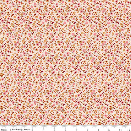 Image of Farmer's Daughter Floral Coral quilting cotton fabric by Lori Holt for Riley Blake Designs. Features flowers on a cream background. Cute Little Fabric Shop