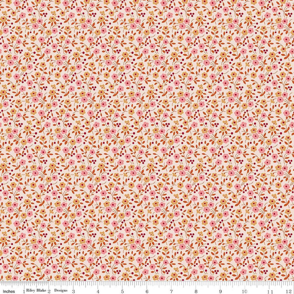 Image of Farmer's Daughter Floral Coral quilting cotton fabric by Lori Holt for Riley Blake Designs. Features flowers on a cream background. Cute Little Fabric Shop