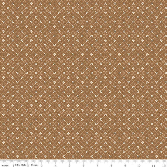 Image of Farmer's Daughter Cherries Maple quilting cotton fabric by Lori Holt for Riley Blake Designs. Features geometric on a brown background. Cute Little Fabric Shop