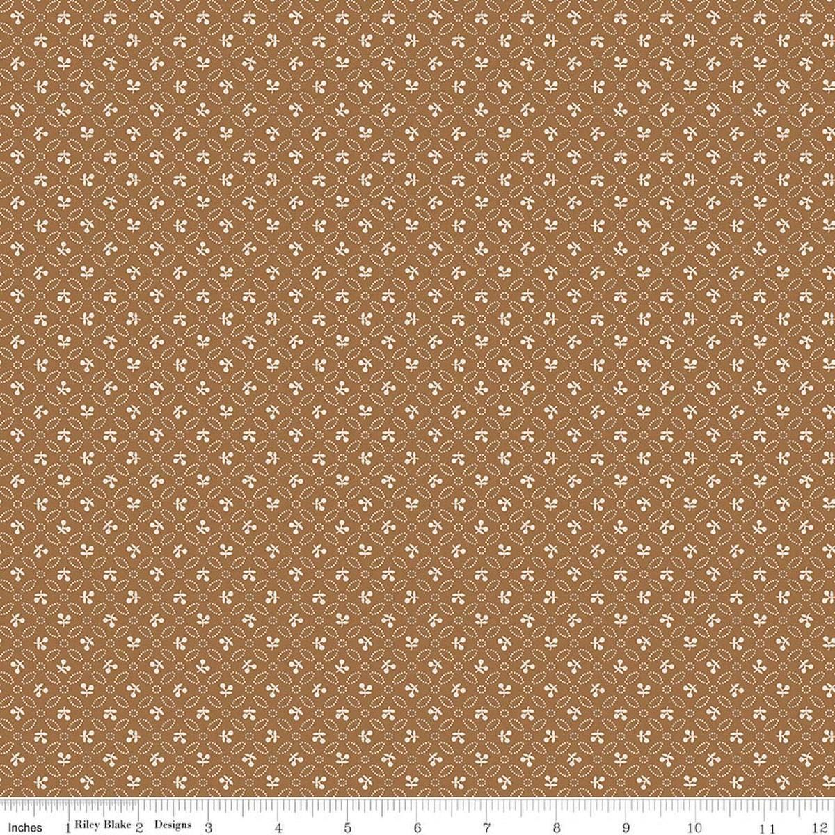 Image of Farmer's Daughter Cherries Maple quilting cotton fabric by Lori Holt for Riley Blake Designs. Features geometric on a brown background. Cute Little Fabric Shop
