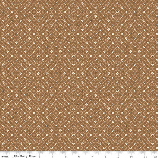 Image of Farmer's Daughter Cherries Maple quilting cotton fabric by Lori Holt for Riley Blake Designs. Features geometric on a brown background. Cute Little Fabric Shop