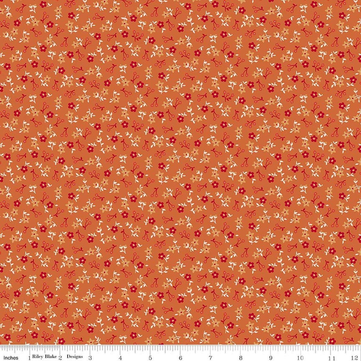 Image of Farmer's Daughter Blossoms Squash quilting cotton fabric by Lori Holt for Riley Blake Designs. Features flowers on an orange background. Cute Little Fabric Shop