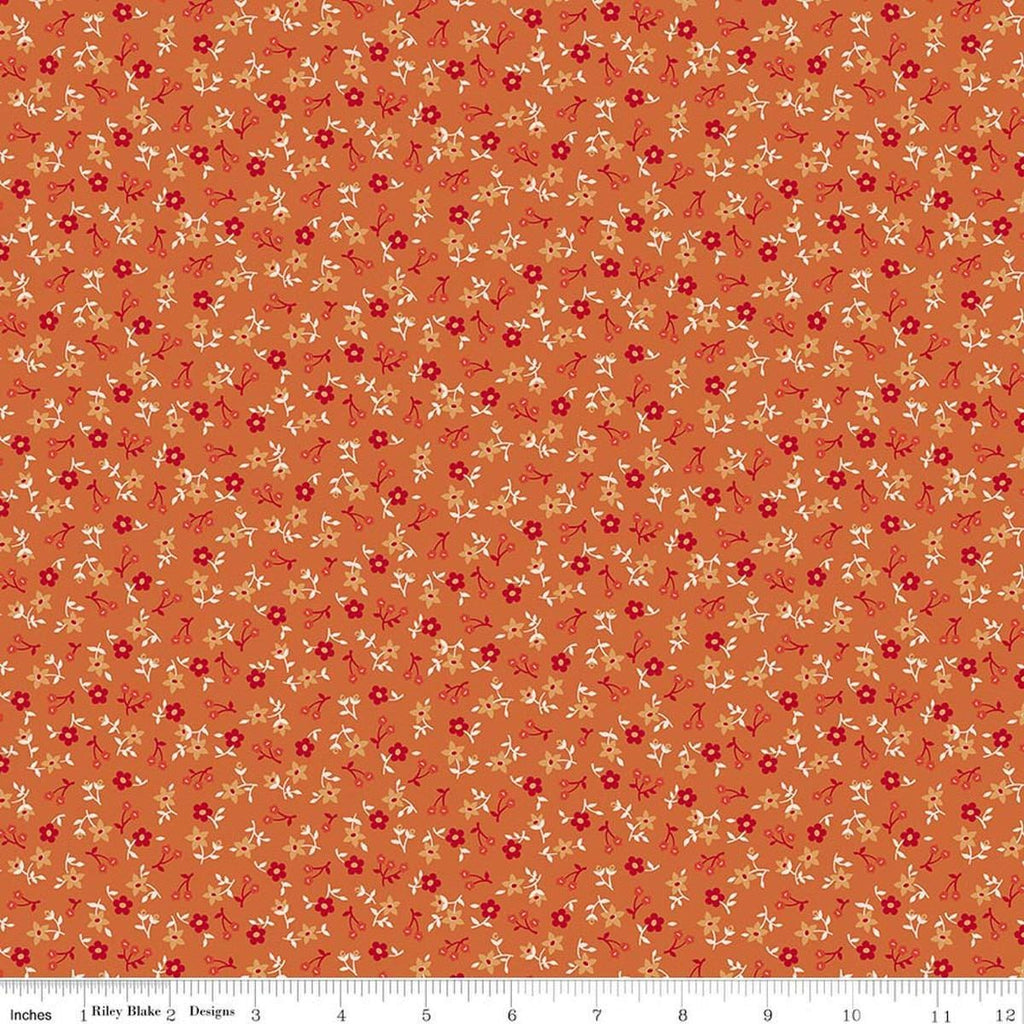 Image of Farmer's Daughter Blossoms Squash quilting cotton fabric by Lori Holt for Riley Blake Designs. Features flowers on an orange background. Cute Little Fabric Shop