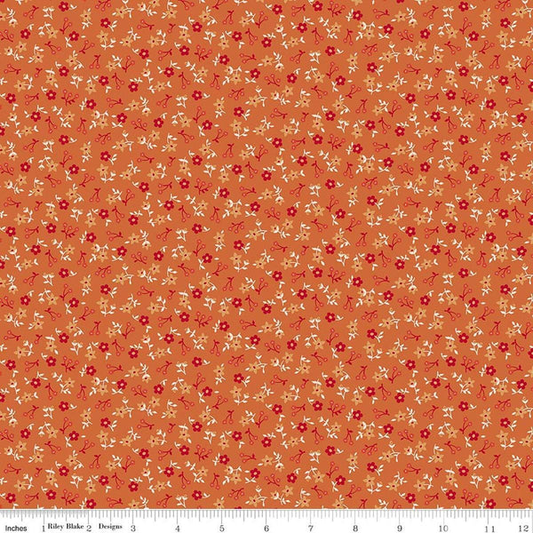 Image of Farmer's Daughter Blossoms Squash quilting cotton fabric by Lori Holt for Riley Blake Designs. Features flowers on an orange background. Cute Little Fabric Shop
