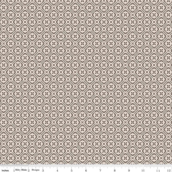Image of Farmer's Daughter Doily Rustic quilting cotton fabric by Lori Holt for Riley Blake Designs. Features geometric on a gray background. Cute Little Fabric Shop