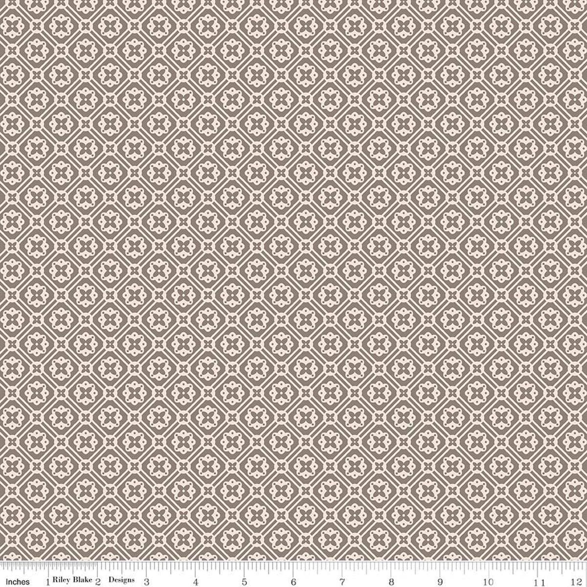 Image of Farmer's Daughter Doily Rustic quilting cotton fabric by Lori Holt for Riley Blake Designs. Features geometric on a gray background. Cute Little Fabric Shop