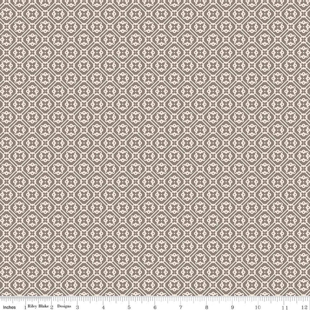 Image of Farmer's Daughter Doily Rustic quilting cotton fabric by Lori Holt for Riley Blake Designs. Features geometric on a gray background. Cute Little Fabric Shop