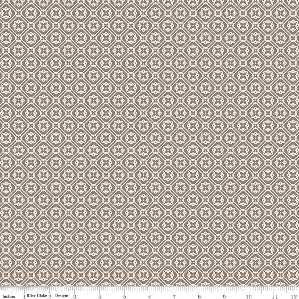 Image of Farmer's Daughter Doily Rustic quilting cotton fabric by Lori Holt for Riley Blake Designs. Features geometric on a gray background. Cute Little Fabric Shop