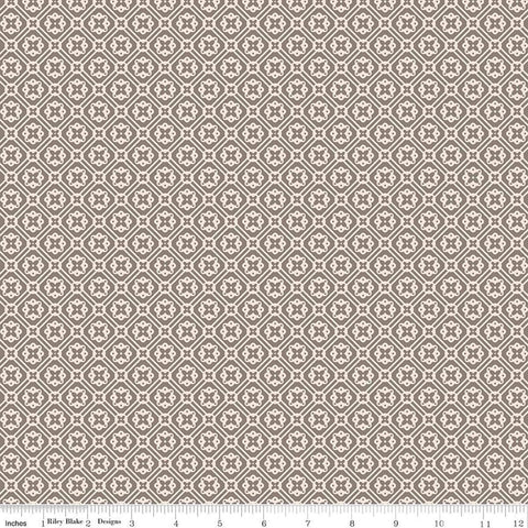 Image of Farmer's Daughter Doily Rustic quilting cotton fabric by Lori Holt for Riley Blake Designs. Features geometric on a gray background. Cute Little Fabric Shop