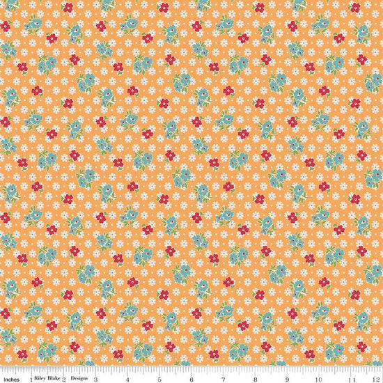 Image of Farmer's Daughter Feedsack Marigold quilting cotton fabric by Lori Holt for Riley Blake Designs. Features flowers on an orange background. Cute Little Fabric Shop