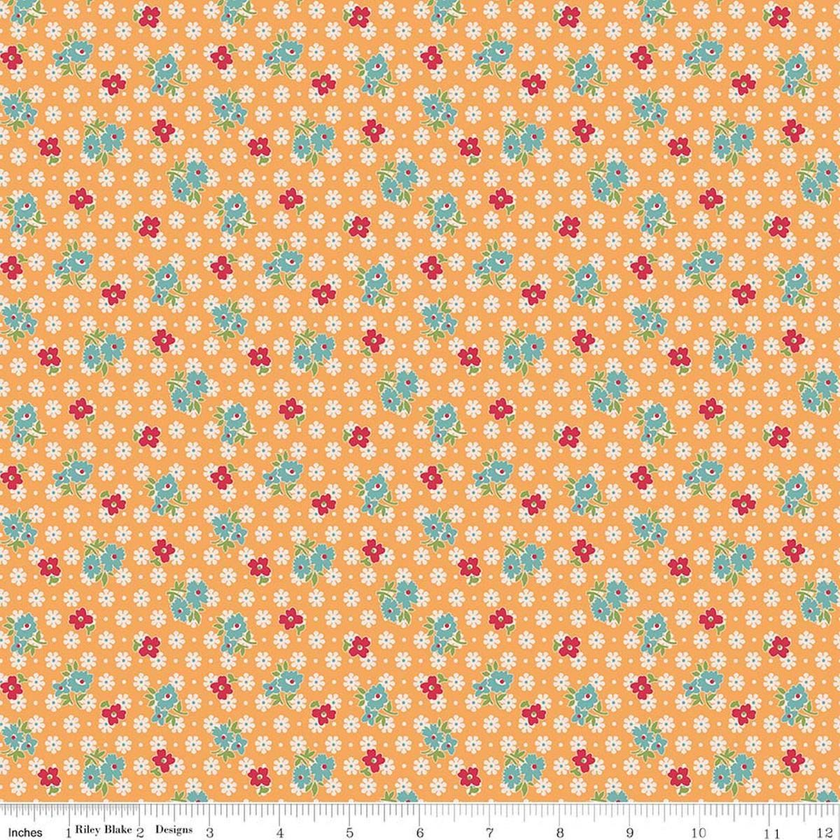 Image of Farmer's Daughter Feedsack Marigold quilting cotton fabric by Lori Holt for Riley Blake Designs. Features flowers on an orange background. Cute Little Fabric Shop