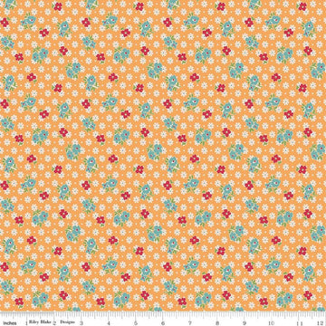 Image of Farmer's Daughter Feedsack Marigold quilting cotton fabric by Lori Holt for Riley Blake Designs. Features flowers on an orange background. Cute Little Fabric Shop