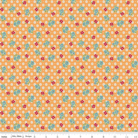 Image of Farmer's Daughter Feedsack Marigold quilting cotton fabric by Lori Holt for Riley Blake Designs. Features flowers on an orange background. Cute Little Fabric Shop
