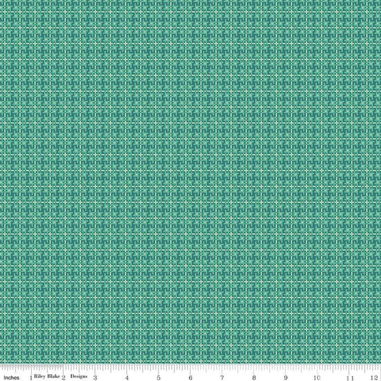 Image of Farmer's Daughter Weave Cozy quilting cotton fabric by Lori Holt for Riley Blake Designs. Features geometric on a green background. Cute Little Fabric Shop