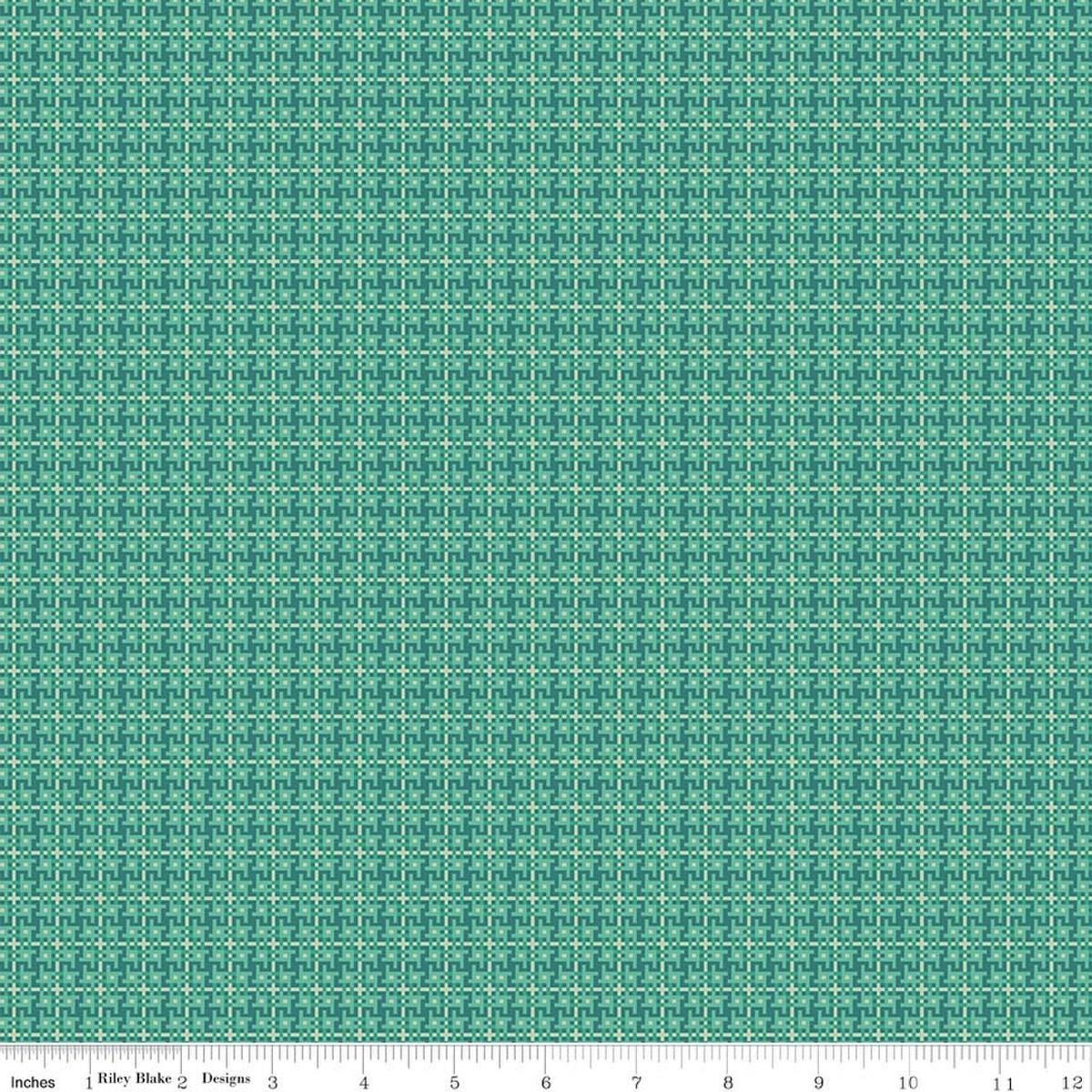 Image of Farmer's Daughter Weave Cozy quilting cotton fabric by Lori Holt for Riley Blake Designs. Features geometric on a green background. Cute Little Fabric Shop