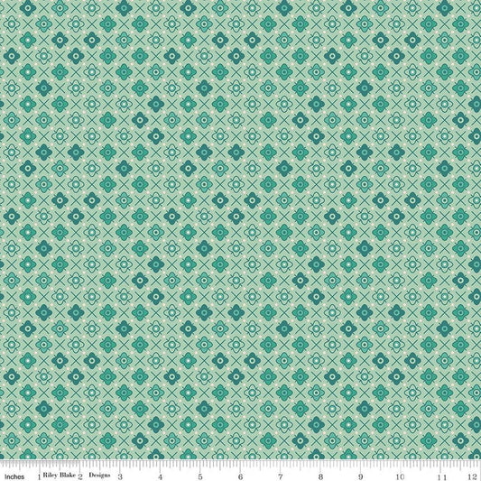 Image of Farmer's Daughter Flower Patch Sage quilting cotton fabric by Lori Holt for Riley Blake Designs. Features flowers on a blue background. Cute Little Fabric Shop