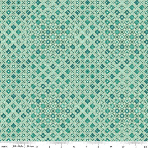 Image of Farmer's Daughter Flower Patch Sage quilting cotton fabric by Lori Holt for Riley Blake Designs. Features flowers on a blue background. Cute Little Fabric Shop