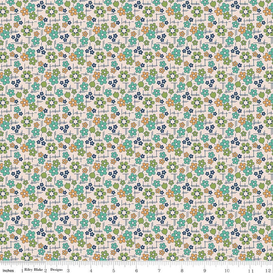 Image of Farmer's Daughter Daisy Sea Glass quilting cotton fabric by Lori Holt for Riley Blake Designs. Features flowers on a cream background. Cute Little Fabric Shop