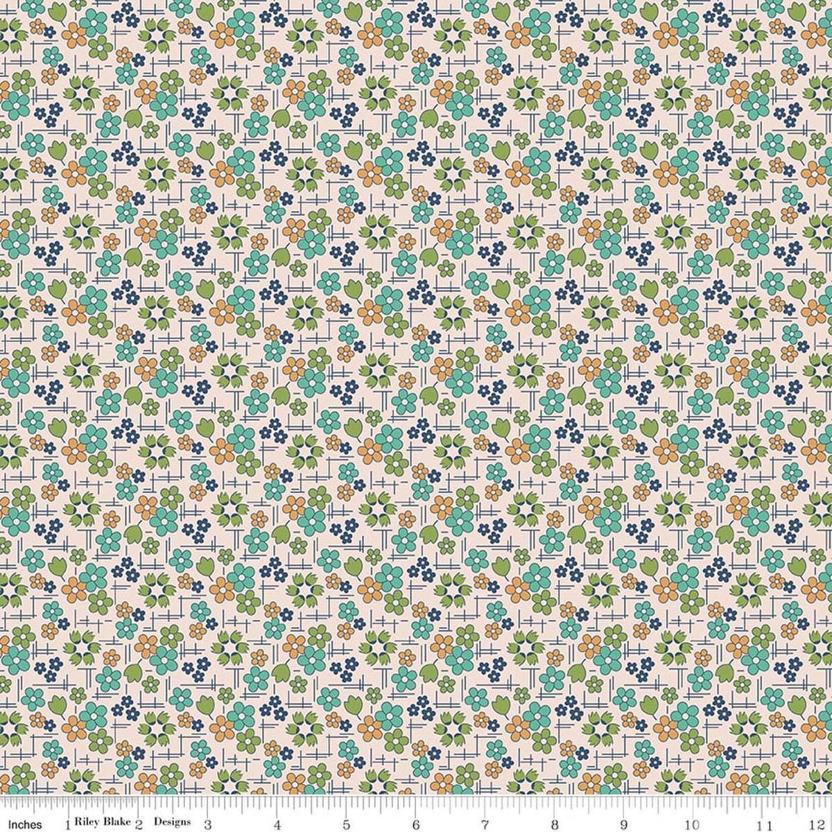 Image of Farmer's Daughter Daisy Sea Glass quilting cotton fabric by Lori Holt for Riley Blake Designs. Features flowers on a cream background. Cute Little Fabric Shop