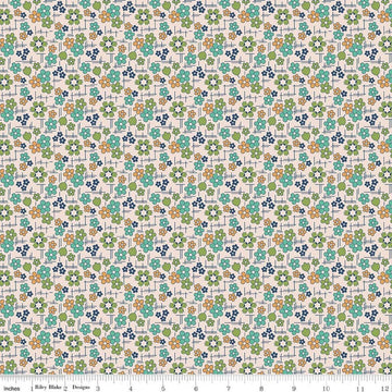 Image of Farmer's Daughter Daisy Sea Glass quilting cotton fabric by Lori Holt for Riley Blake Designs. Features flowers on a cream background. Cute Little Fabric Shop
