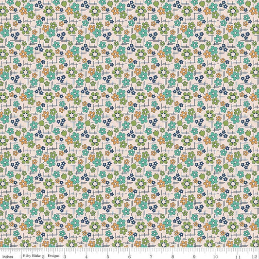 Image of Farmer's Daughter Daisy Sea Glass quilting cotton fabric by Lori Holt for Riley Blake Designs. Features flowers on a cream background. Cute Little Fabric Shop