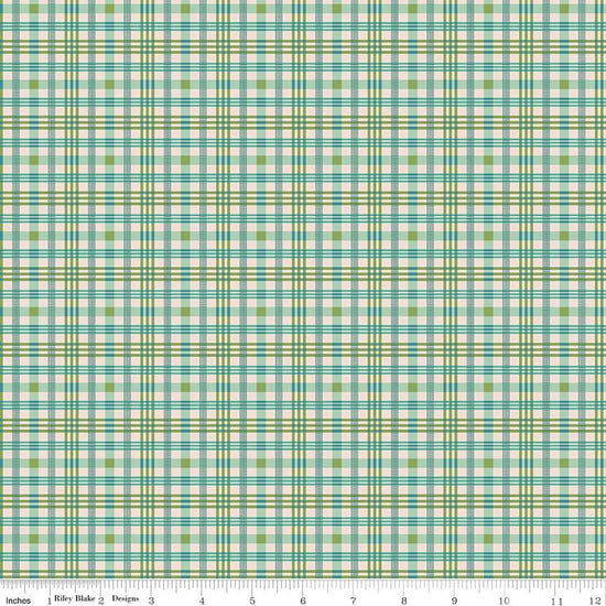 Image of Farmer's Daughter Plaid Sea Glass quilting cotton fabric by Lori Holt for Riley Blake Designs. Features plaid on a green background. Cute Little Fabric Shop