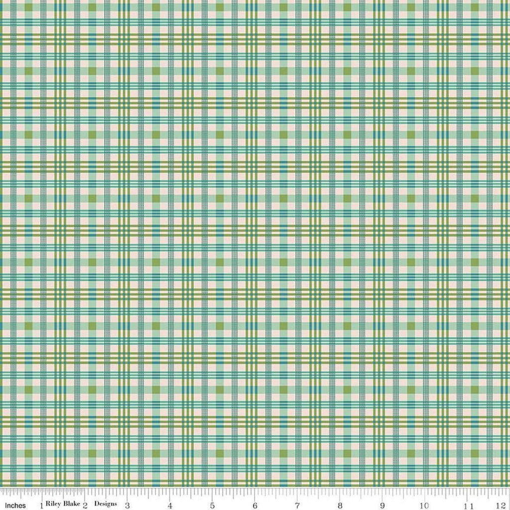 Image of Farmer's Daughter Plaid Sea Glass quilting cotton fabric by Lori Holt for Riley Blake Designs. Features plaid on a green background. Cute Little Fabric Shop